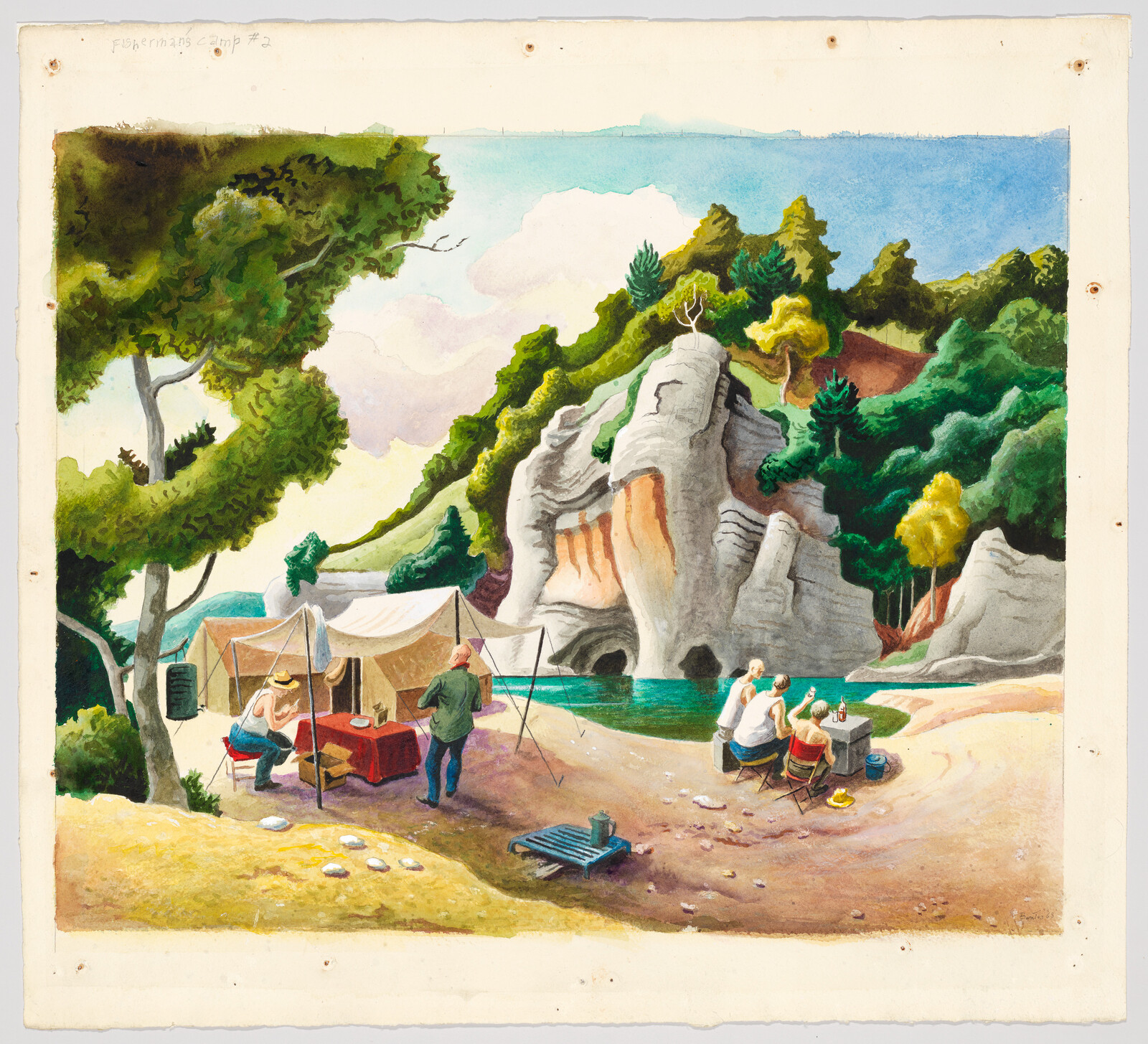 Campers relax by a tent and table on a sandy beach beside rocky cliffs and turquoise water.