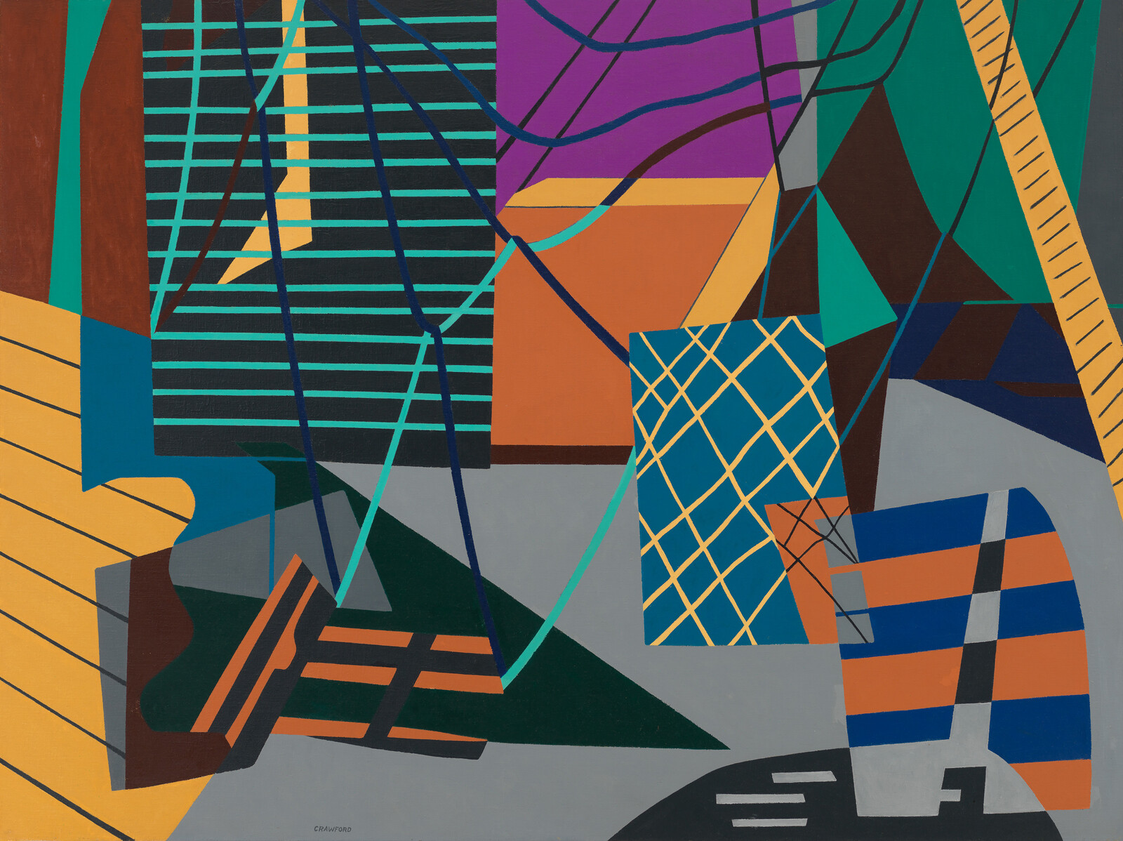 Bright abstract composition of geometric shapes, striped patterns, and intersecting colored lines over a gray background.