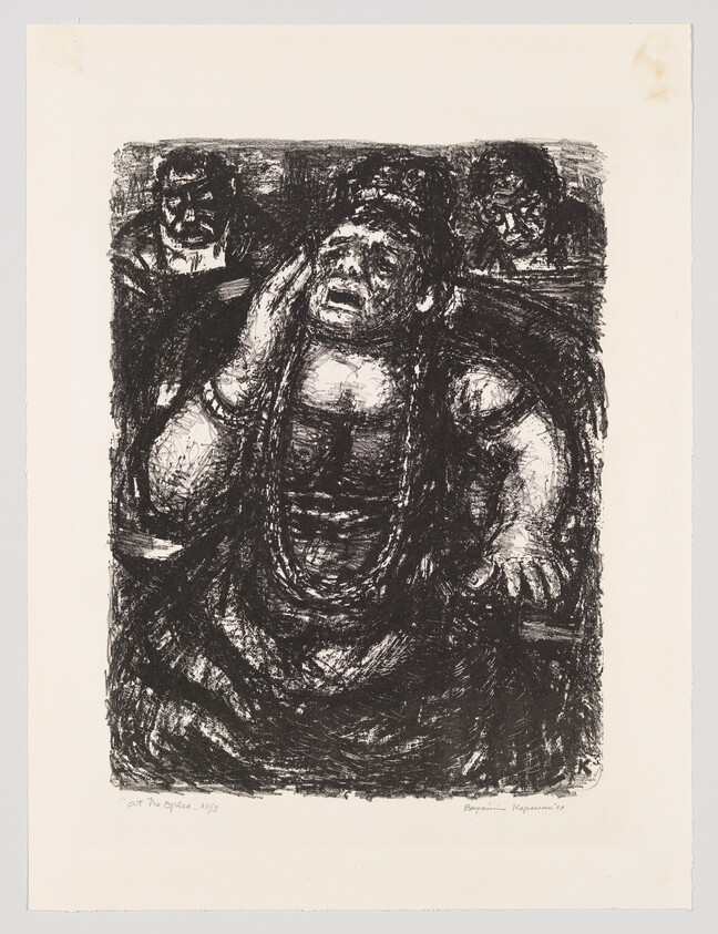 A black and white expressionist-style lithograph titled "At The Opera, 1959" by Benjamin Kopman, depicting a scene with an emotional central figure who appears to be a woman with her hand to her face, possibly in distress or deep contemplation, surrounded by other figures in a dark, crowded setting that suggests an audience.