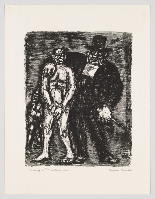 A black and white lithograph by Daumier titled "The Emancipated," depicting three figures, with the central figure being a nude male flanked by two clothed men, one of whom is wearing a top hat and holding a cane. The style is expressive with rough, sketch-like lines. There is text at the bottom indicating the artist, title, and a number, possibly signifying a series or edition.