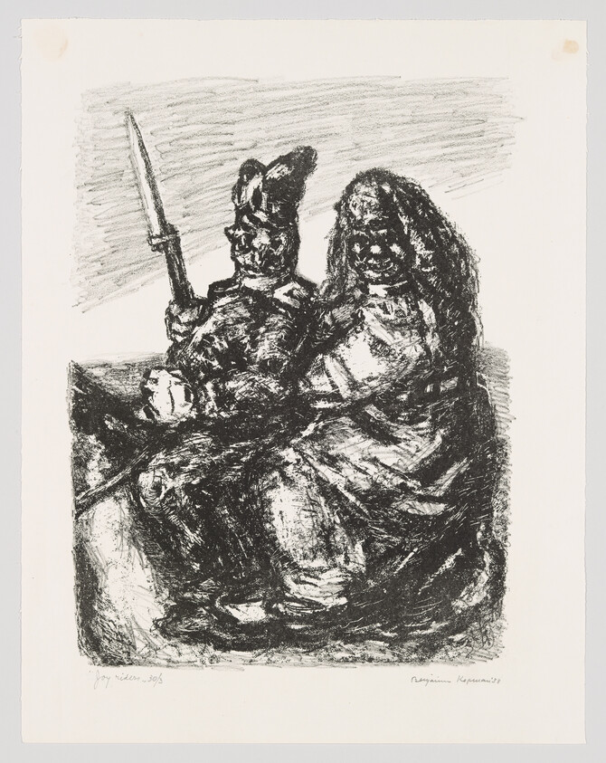 A black and white lithograph depicting two figures with exaggerated, mask-like features; the figure on the left holds a knife and wears a hat with large ears, while the figure on the right has flowing hair. Both appear to be seated. The image has a rough, sketch-like quality with visible strokes and shading. There is a signature in the bottom left corner and another inscription in the bottom right corner.