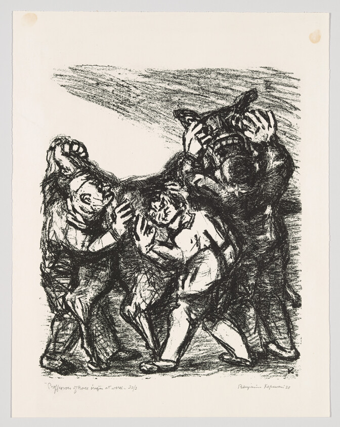 A black and white expressionist-style print depicting three figures in a dynamic and somewhat aggressive interaction. The figures appear to be struggling or fighting, with one at the center being restrained or attacked by the other two. The artwork is characterized by rough, energetic lines and dark shading, conveying a sense of movement and tension. There is text at the bottom that seems to be the title of the piece and the artist's signature and year, indicating it was created in 2015.