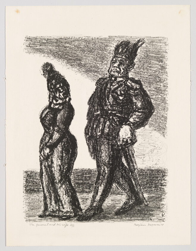 A sketch of two figures, with the one on the right appearing to be a man in military uniform with a tall hat, and the one on the left resembling a woman in a dress. The style is rough and expressive, with dark lines and shading. There is text at the bottom that reads "The general and his wife 305" and a signature that may read "Kathe Kollwitz."