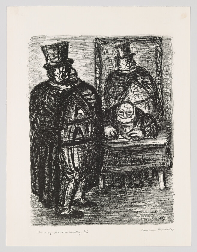 A black and white etching depicting a figure in a top hat and ornate coat standing to the left with a mirror reflecting the same figure on the right. Below the image, there is handwritten text that reads "The magistrate and his inventory 3/25" and a signature.
