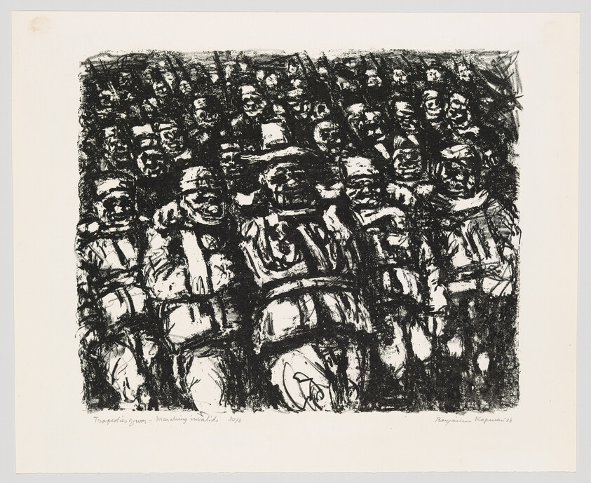 A black and white expressionist-style print depicting a crowded group of figures with exaggerated and abstracted features. The image conveys a sense of movement and intensity, with some figures appearing to be in conversation or gesturing. The artwork is signed and dated at the bottom.