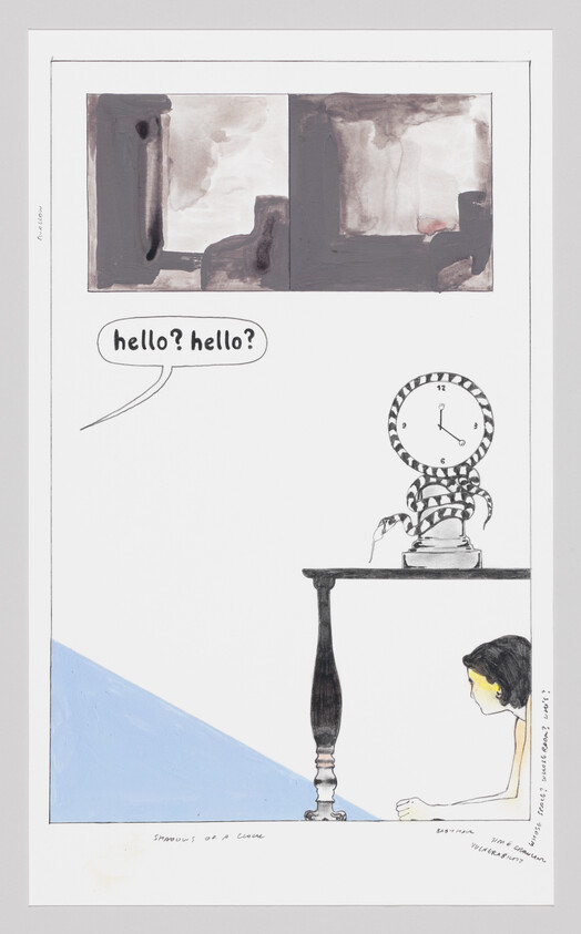 Person peeking under a table at a clock wrapped by a snake while saying "hello? hello?".