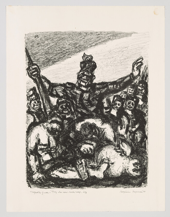 A black and white lithograph depicting a group of expressive figures, some with raised arms and open mouths, possibly in a state of protest or exclamation. The central figure appears to be leading or rallying the others. The scene is dynamic and filled with emotion, rendered with rough, expressive lines. There is text at the bottom of the image, suggesting it may be part of a series or have a title related to the content depicted.