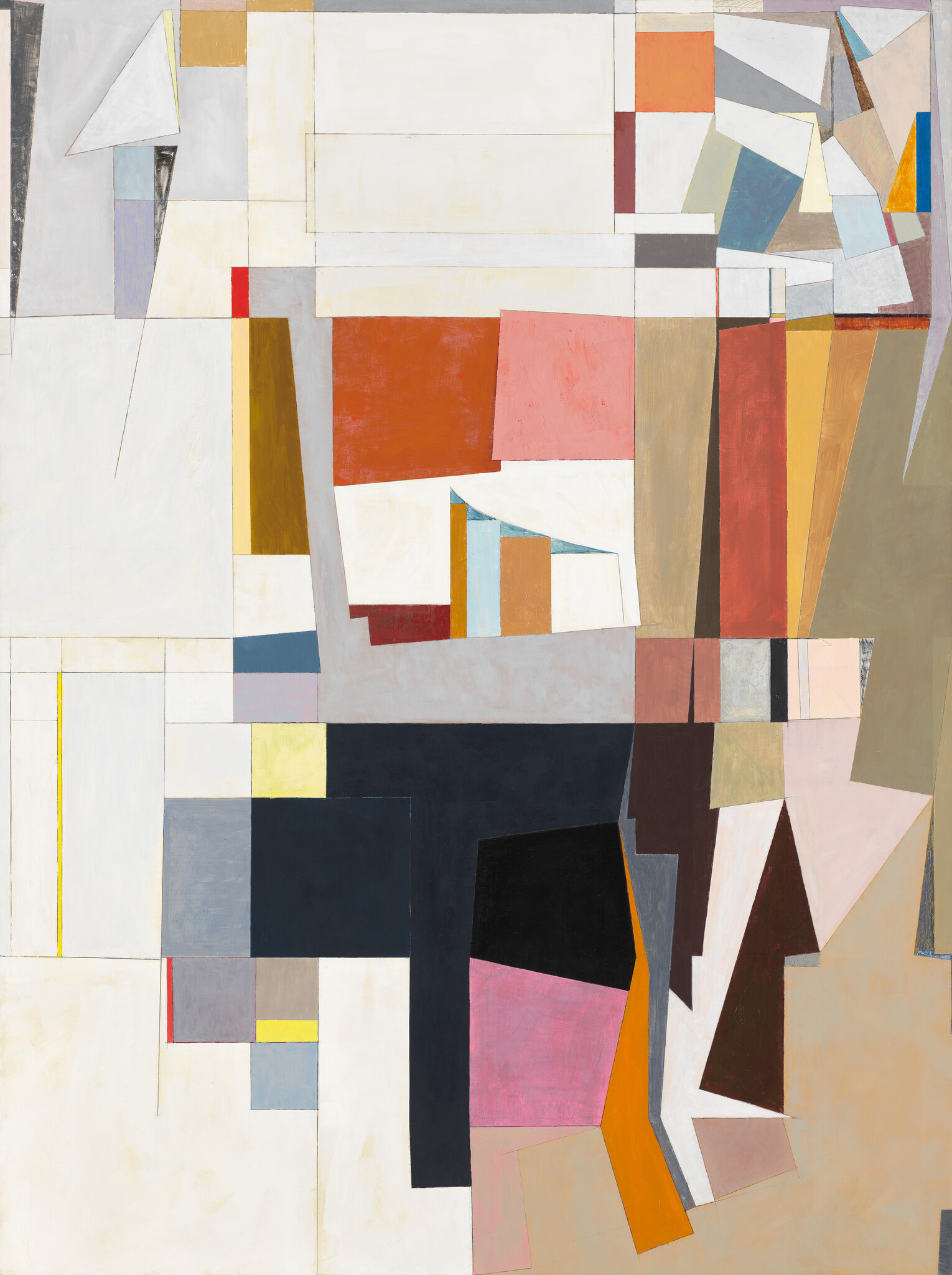 Abstract geometric composition of large colored rectangles and triangles in muted and bright tones.