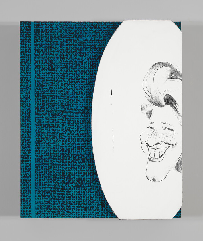 Blue patterned panel with a white oval on the right showing a smiling caricature face.
