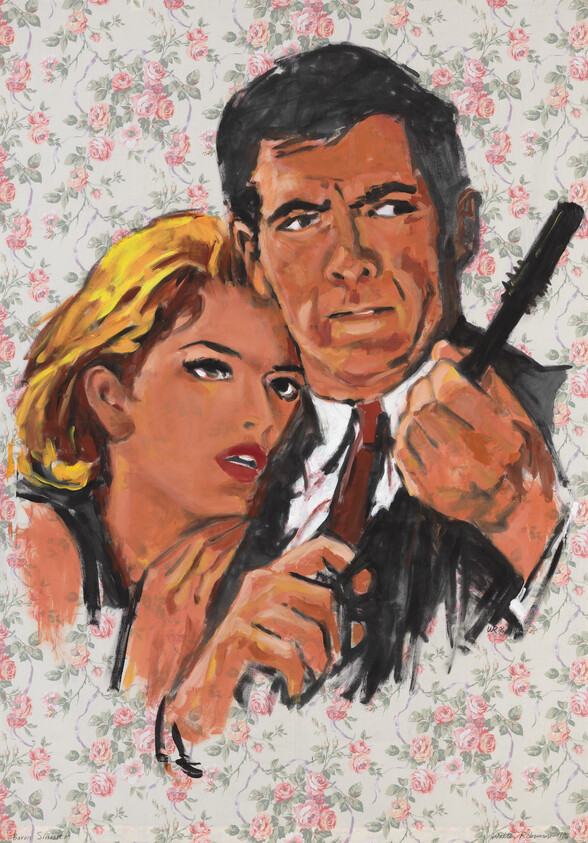 Man in suit holds a gun protectively while a woman clings to him, floral background.