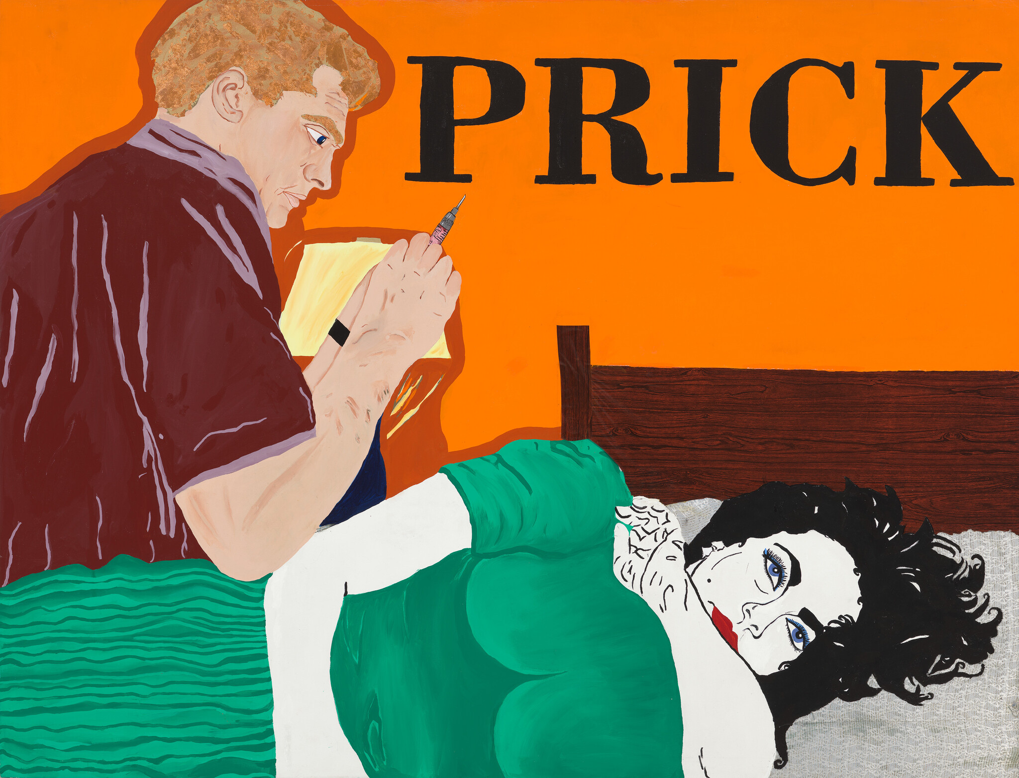 A man prepares a syringe while a woman lies on a bed wearing green, with the word Prick above.