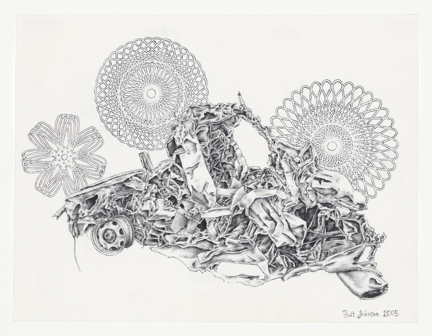 Detailed pencil drawing of a crushed car with intricate floral patterns replacing the wheels, signed by the artist in 2005.