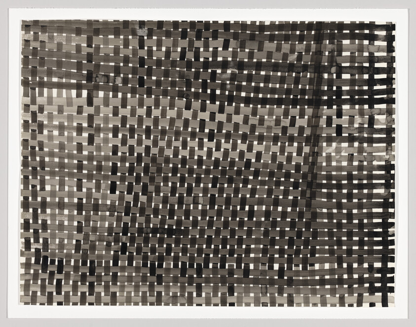 A dense grid of overlapping black and gray brushstrokes forming a woven checkerboard pattern on white paper.