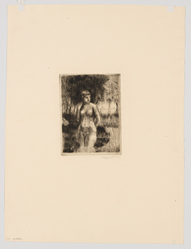 A nude woman stands in shallow water among trees, looking slightly to the side.