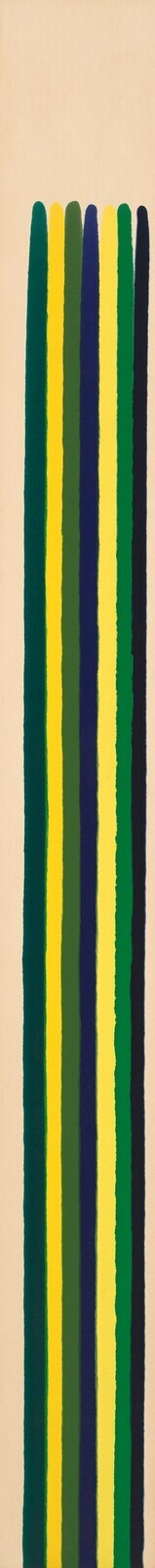 Tall vertical stripes in green, yellow, blue, and black on a beige background.