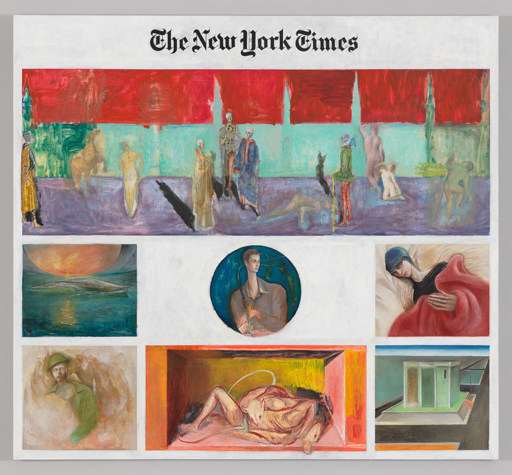 Large grid of colorful figurative paintings beneath The New York Times masthead on white background.