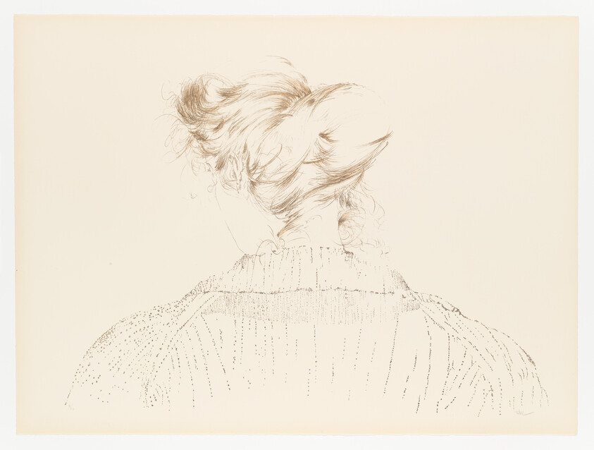 A delicate sketch shows the back of a woman's head with hair in a loose bun.