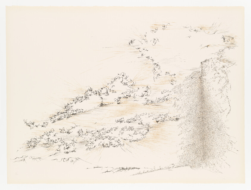 Delicate ink drawing of swirling clouds drifting toward a tall textured cliff on the right.