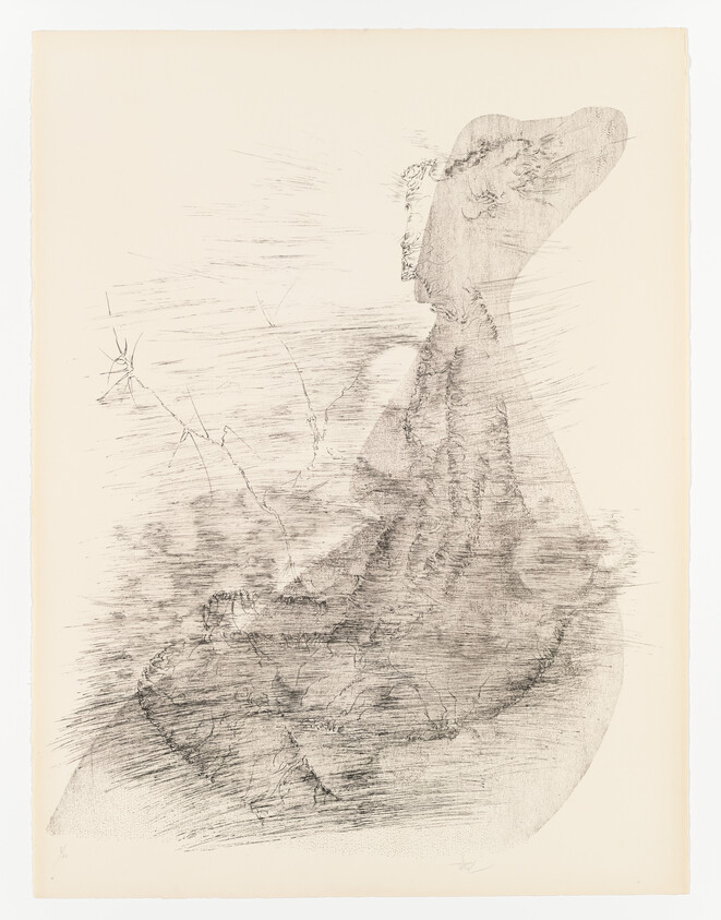 A faint pencil sketch of a woman in a flowing dress viewed in profile.