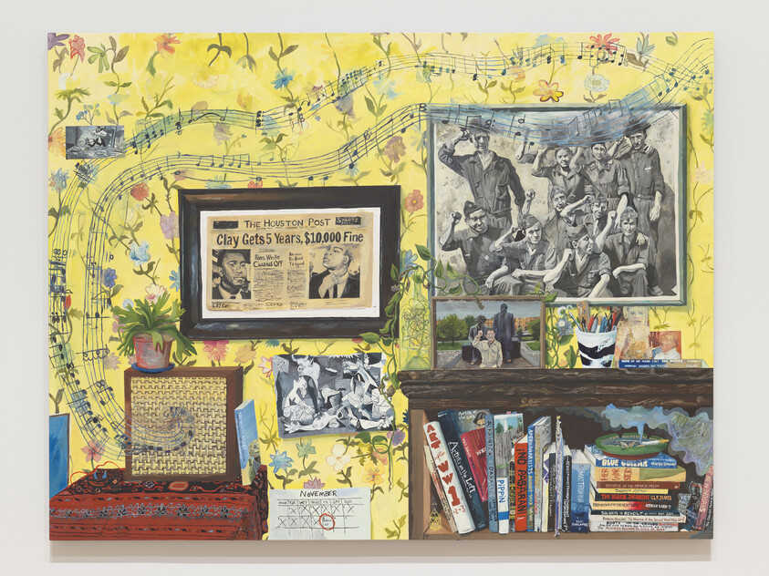 A bookshelf sits in front of a yellow wall with a floral pattern, framed photos and pinned notes. A speaker box beside the bookshelf emits musical notes.
