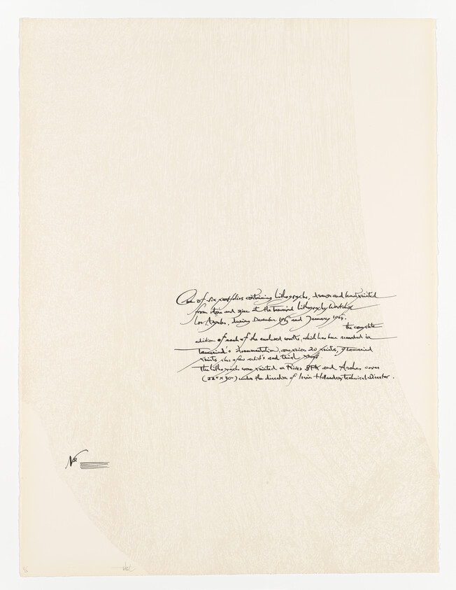 Large cream sheet with small handwritten paragraph centered and a small signature mark lower left.