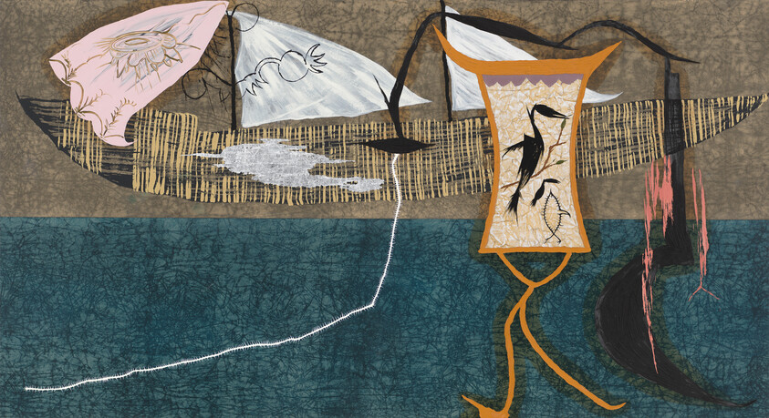 A stylized canoe with patterned sails and a decorative hanging panel floats above textured blue water.