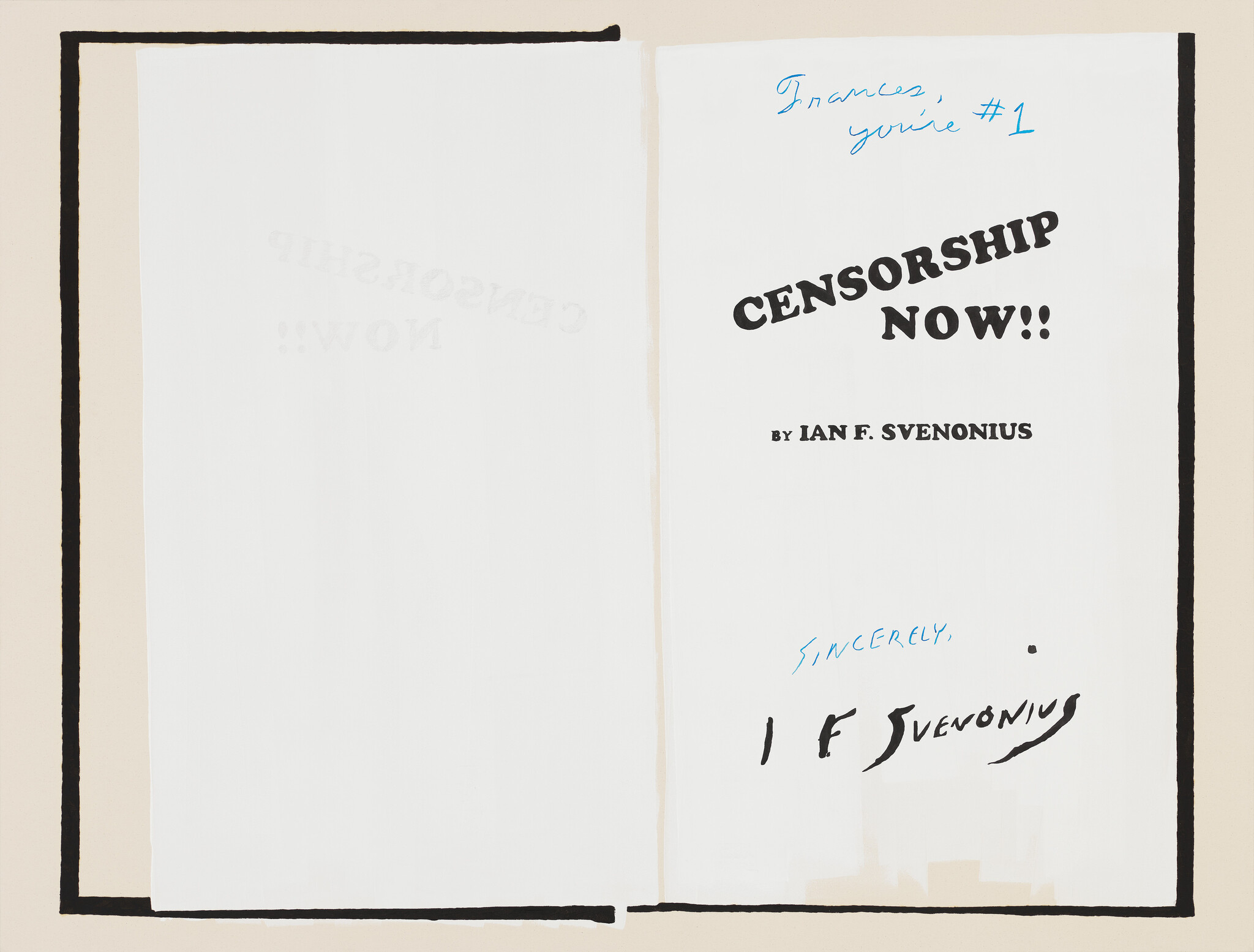 Book title page reading "Censorship Now!!" by Ian F. Svenonius with handwritten notes.