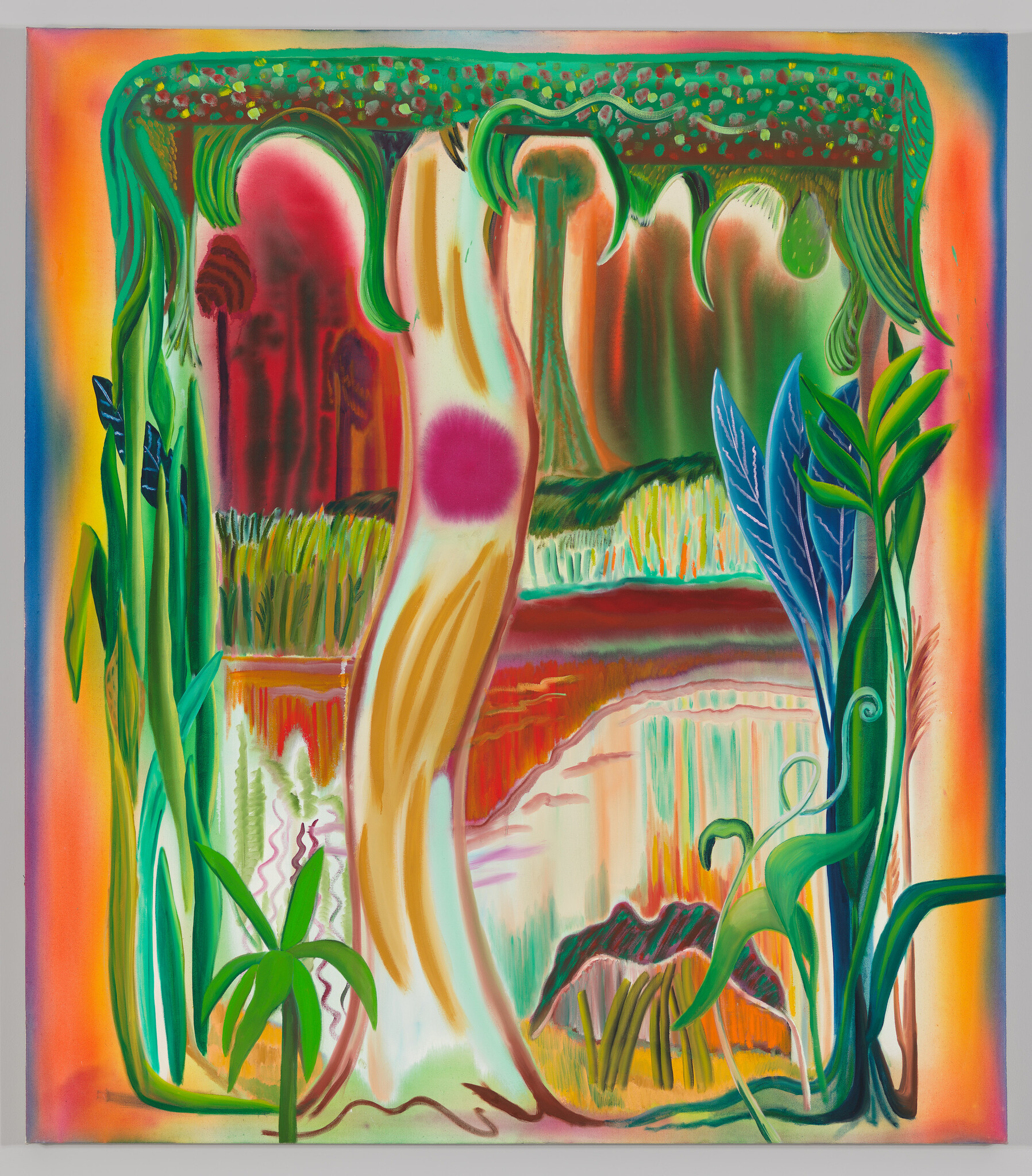 A vertical border of blending warm and cool colors frames a whimsical nature scene with green and blue leaves, red waters, and red, green, and orange treetops