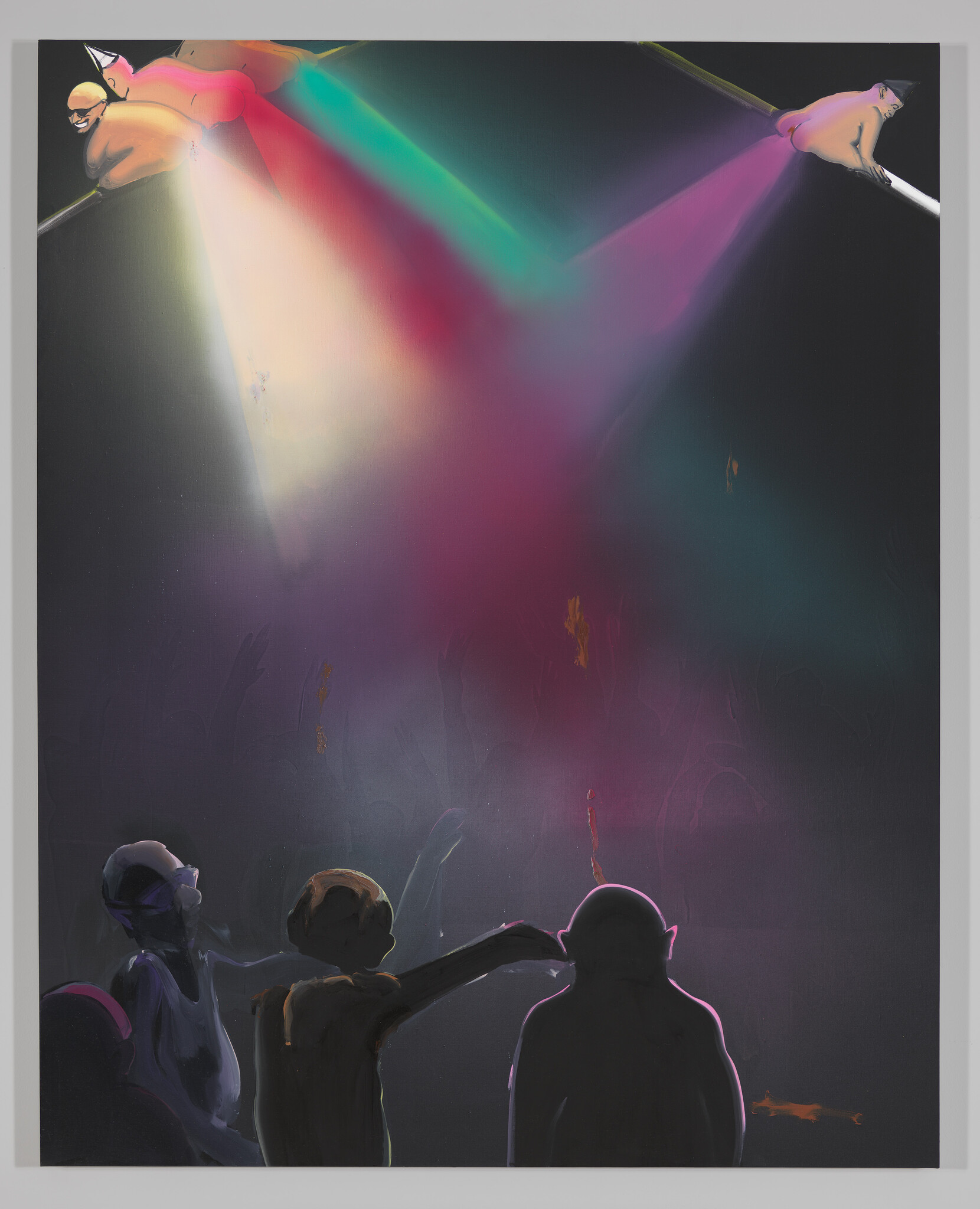 A digital artwork depicting three silhouetted figures in the foreground, seemingly at a concert, with one pointing towards the stage. Above them, colorful beams of light emanate from two animated, anthropomorphic female figures on tightropes, casting a vibrant glow over the scene. The background is filled with the outlines of a cheering crowd, all under a dark, moody sky.