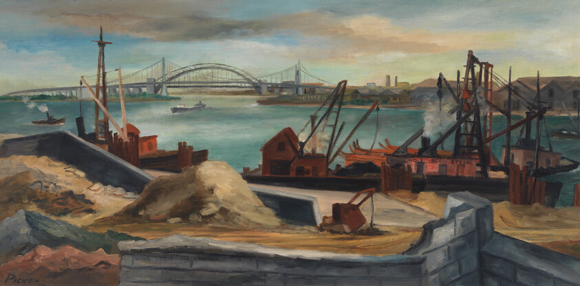 Industrial harbor with cranes and workboats near a large arched bridge across the river.