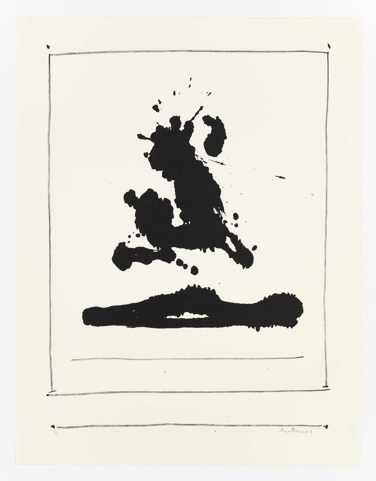 Abstract black ink blotch resembling a jumping figure above a thick horizontal stroke inside a simple border.