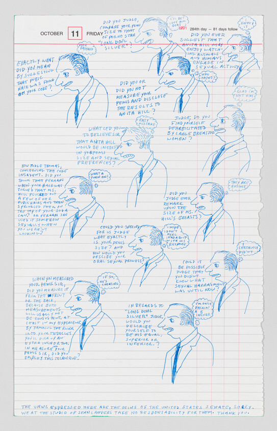 Multiple blue sketches of a man speaking on lined notebook paper dated October 11.