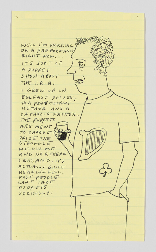 Drawn man holding a cup in a harp shirt with handwritten notes about a puppet show beside him.