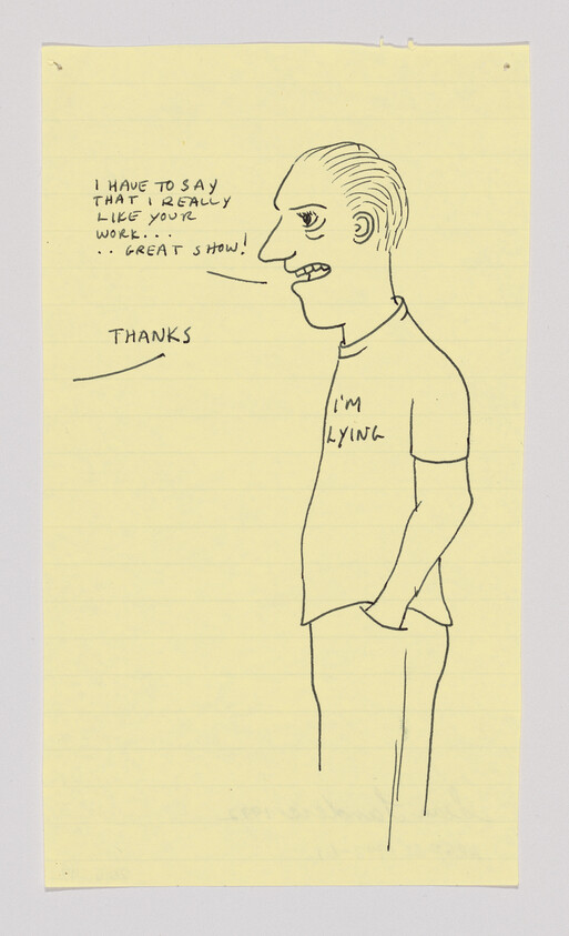 A man in a T-shirt reading "I'm lying" gives an insincere compliment saying he really likes the work.