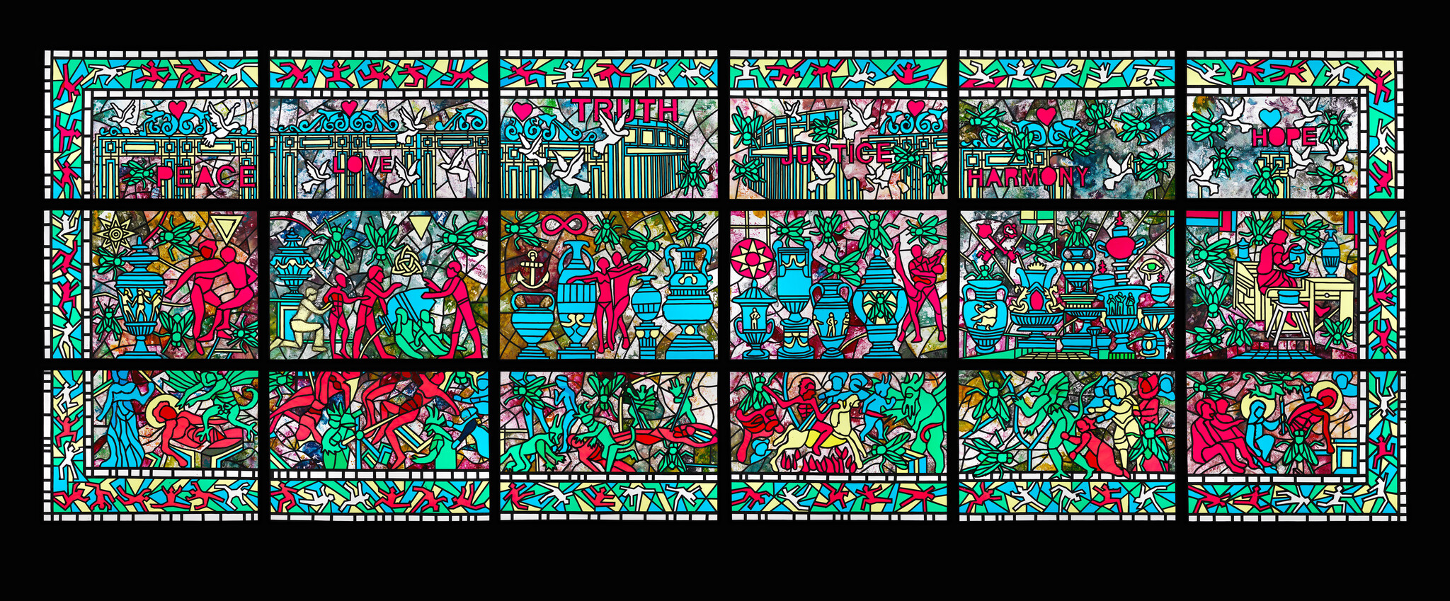 A grand stained glass window mosaic packed with detail: ruby red figures, text, cool-toned beetles, and vases. Humanoid sculptures stand below the window.