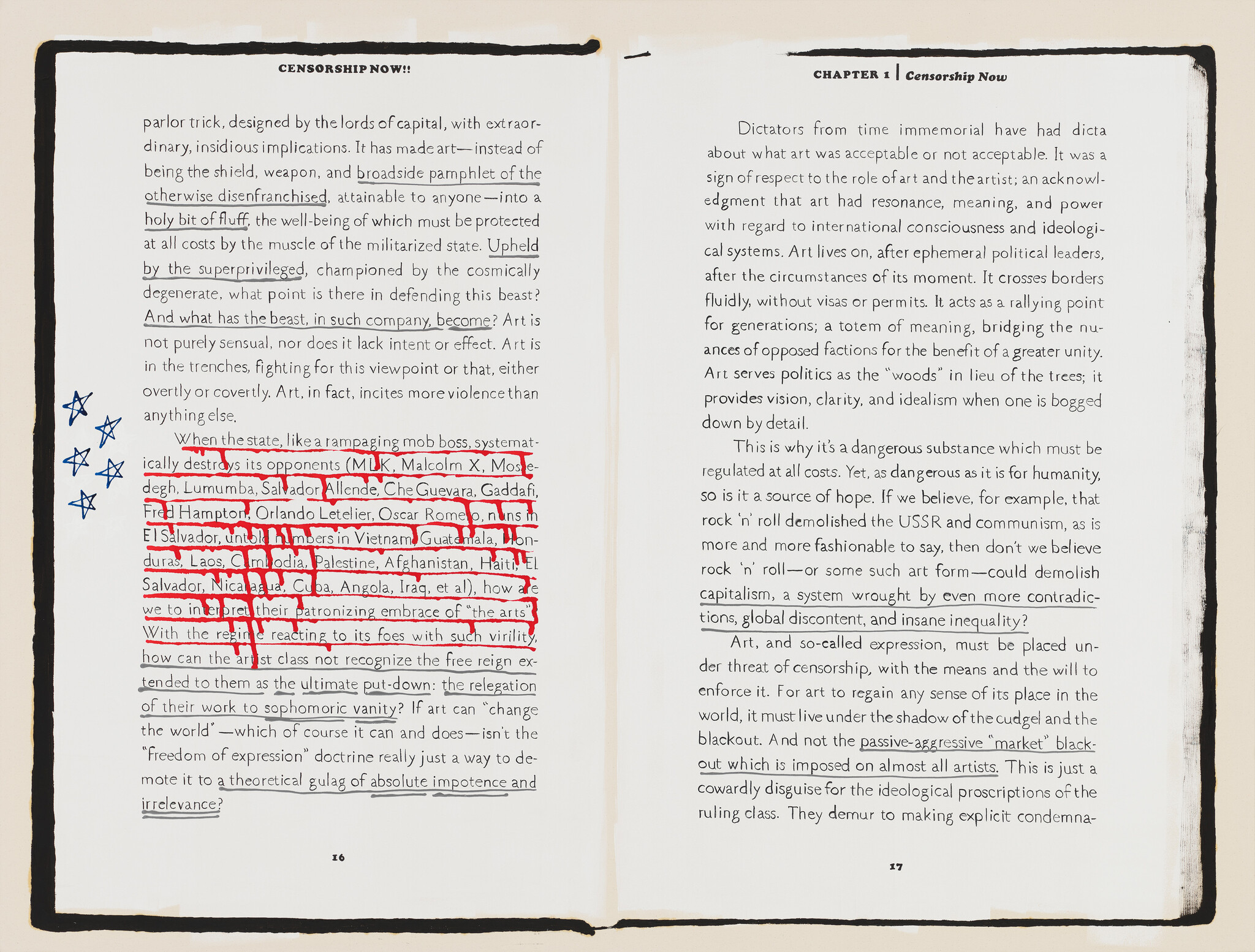 Open book with left page heavily marked in red underlines and doodles and right page clean text.