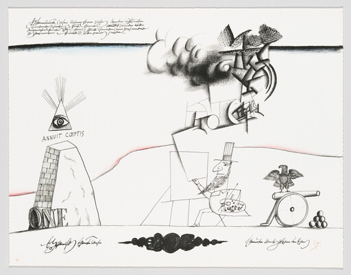A cartoonish Uncle Sam paints beside a pyramid labeled "Annuit Coeptis" with a cannon and eagle.