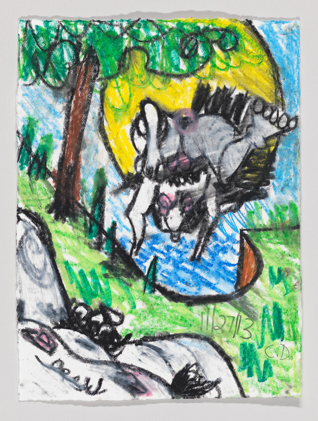 A gray animal with wings flies over a river at night, with trees and a large yellow moon behind.