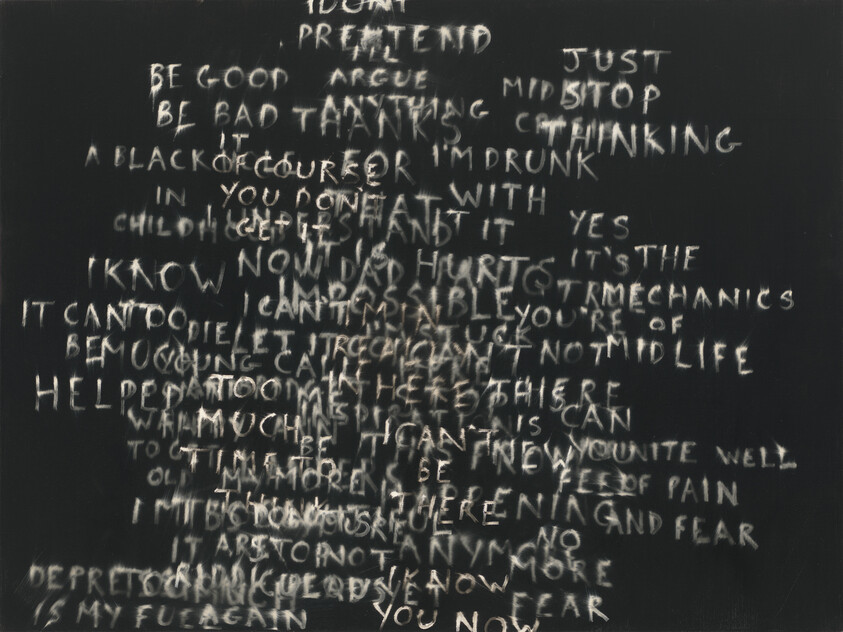Handwritten white words and phrases overlap densely on a dark background, creating a chaotic text collage.