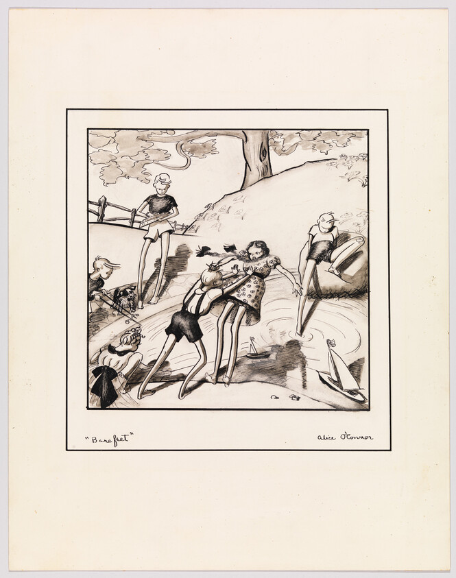 Children play at a pond as one girl is pushed toward the water while others watch and help.