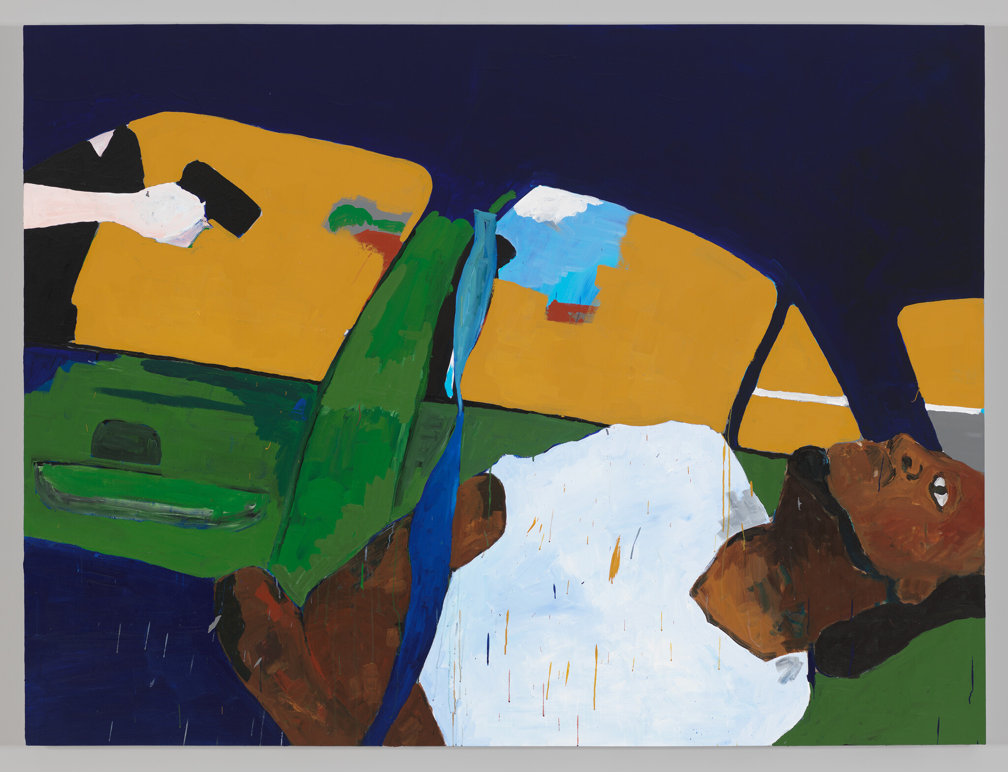 Painted from the viewpoint of the interior of a car, Philando Castile, a Black man, lays limply in the front seat. Through the car window, the arm and torso of a white police officer are visible. His gun is pointed at the Castile inside.