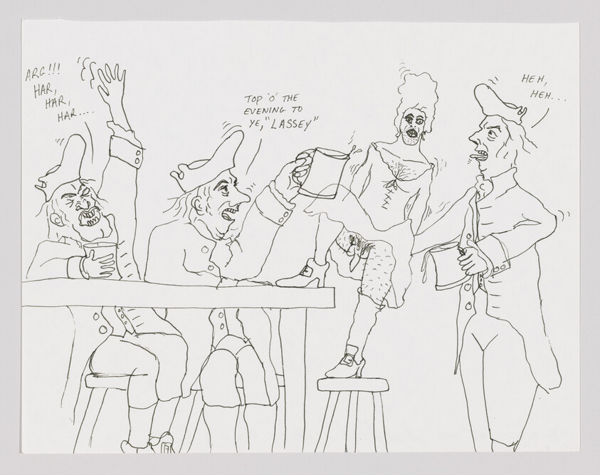 Three colonial-dressed men laugh and toast while a woman stands on a stool dancing.