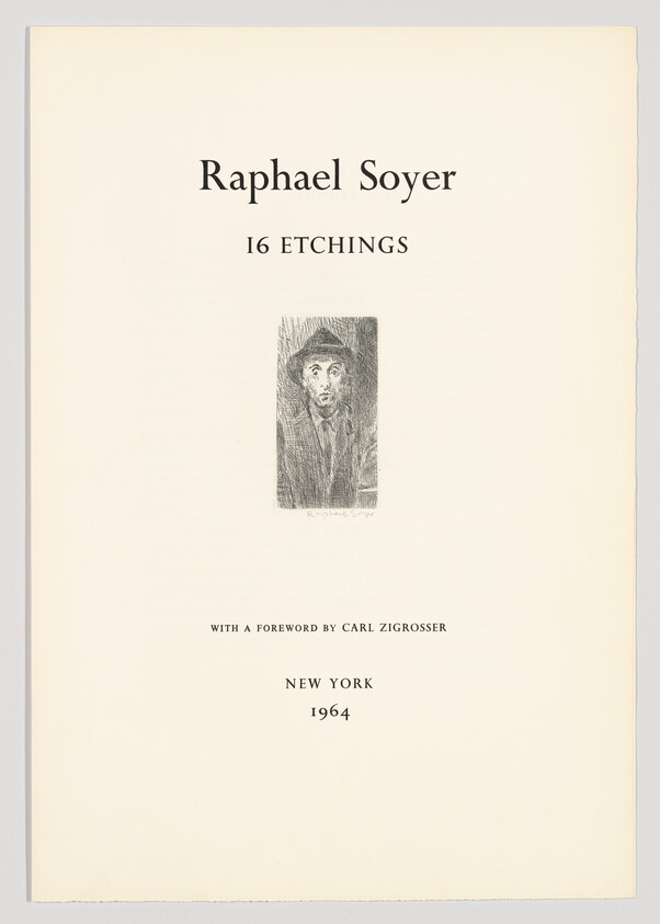 Title page for Raphael Soyer showing "16 etchings" with small portrait and publication details.