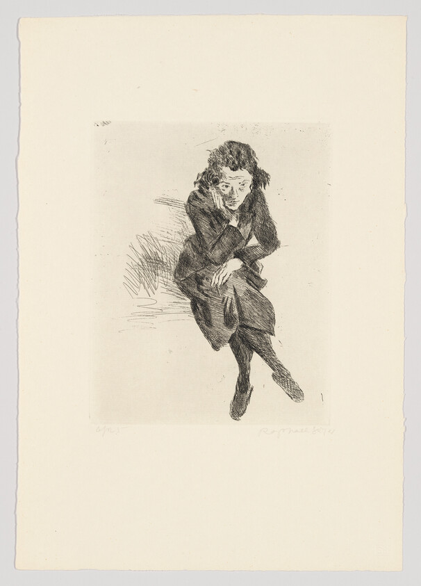 An etching of a seated figure with curly hair, resting their face in their hand, with a contemplative or melancholic expression. The artwork is rendered with expressive line work and is centered on a piece of paper with rough edges, suggesting it may be a print or a drawing. There are signatures or inscriptions at the bottom.