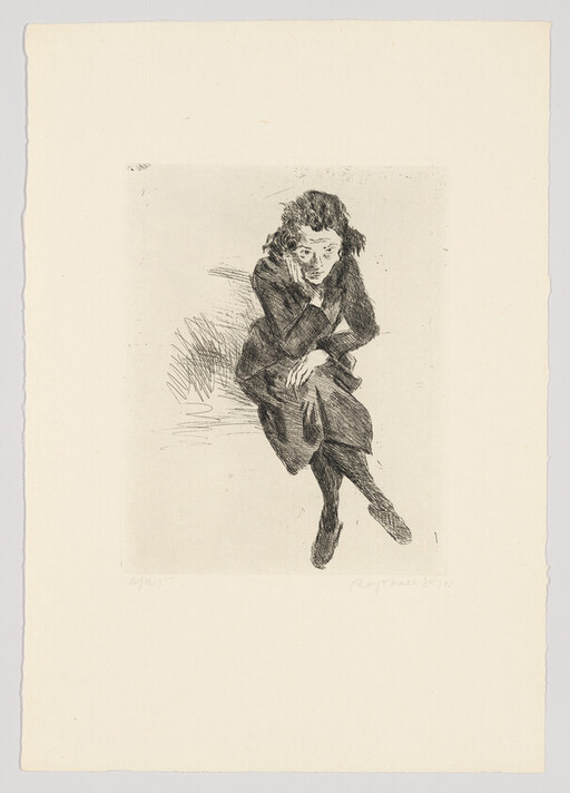 A seated woman with crossed legs rests her head on her hand looking downward.