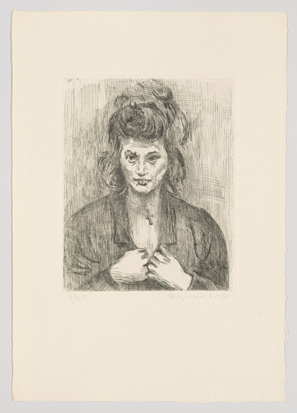 A black and white etching of a woman with voluminous hair, looking directly at the viewer. Her expression is neutral, and she appears to be clasping her hands at her chest. The artwork is numbered and signed by the artist in the lower margin.