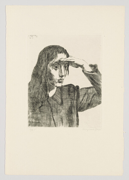 A woman raises her hand to shade her eyes while looking into the distance.