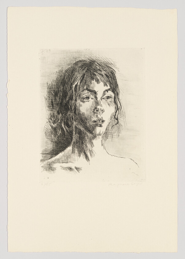 A sketched portrait of a person with shoulder-length hair and a contemplative expression on an off-white paper background. The artwork is detailed with expressive lines and shading, and there is a signature at the bottom right. The paper has a rough left edge, suggesting it may be part of a limited print series, as indicated by the numbering on the bottom left.