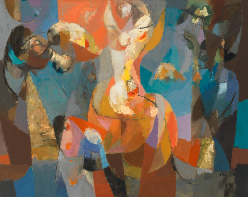 Abstract colorful painting showing a seated figure surrounded by overlapping shapes and swirling brushstrokes.