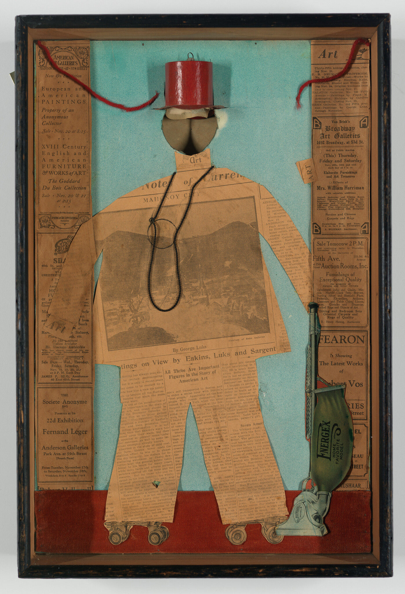 A newspaper-cutout figure with a red hat on roller skates holding a green vacuum cleaner.